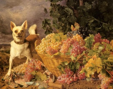  Basket Painting - Waldmuller Ferdinand Georg A Dog By A basket Of Grapes In A Landscape